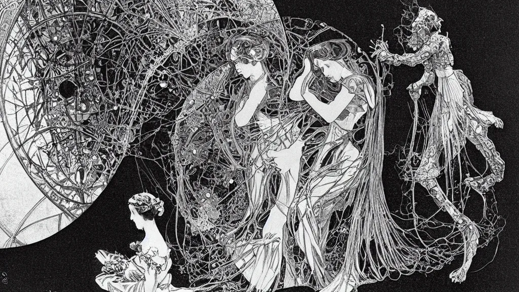 Image similar to a beautiful microscopic scientific photo of a virus and another strange life form seen through the electron microscope, dark, sinister, detailed art by Charles D'Orbigny and Alphonse Mucha