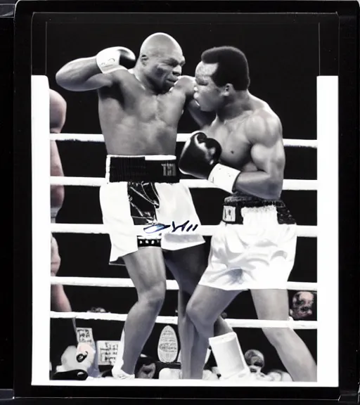 Prompt: photograph of Mike Tyson boxing Mohammed Ali round 12 heavy weight championship, taken on instant film polaroid, signed by mike tyson and mohammed ali