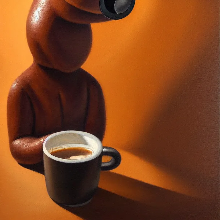 Image similar to an anthropomorphic coffee bean drinking a cup of espresso, photorealism, oil on canvas, soft textures, warm lighting