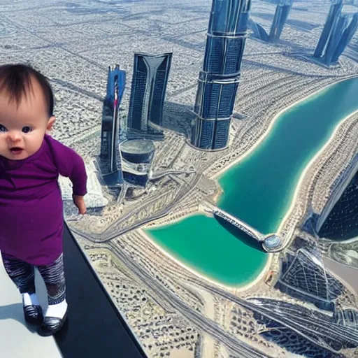 Image similar to hyper realistic baby standing at the top of burj khalifa and the background is the view of the sea photography