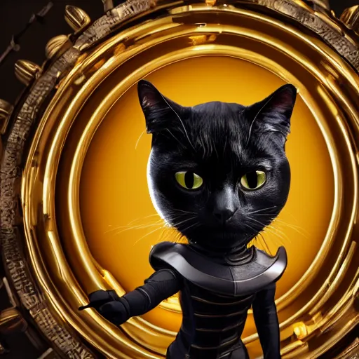 Image similar to a black cat wearing a gold armor outfit, a character portrait by hanns katz, shutterstock contest winner, afrofuturism, sci - fi medieval fantasy, 3 d render