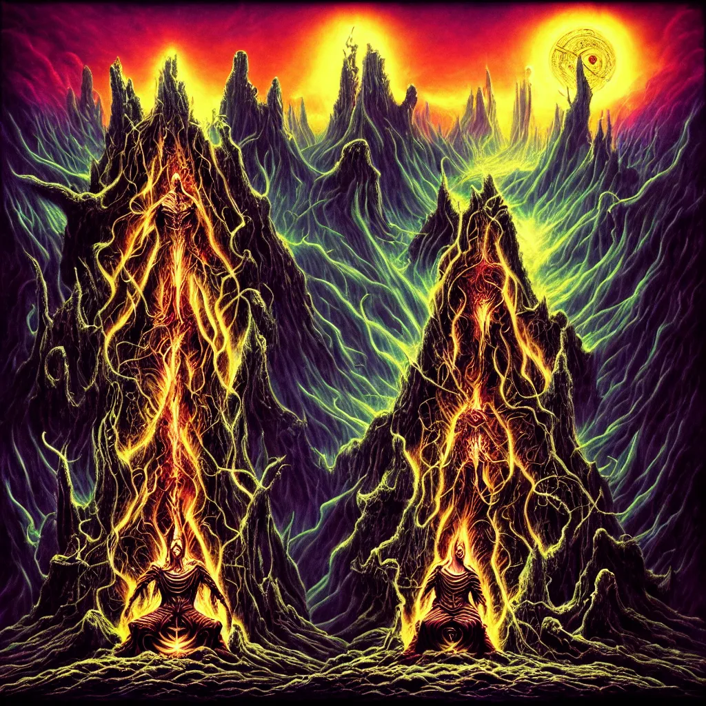 Prompt: throne from eden album cover, divine being sitting on a throne overlooking humanity while exiled and thrown from the original edenworld, rings of saturn album art tool album art archspire album art braindrill album art in the style of braindrill tornados on fire in swamps of mudlava with the text throne from eden