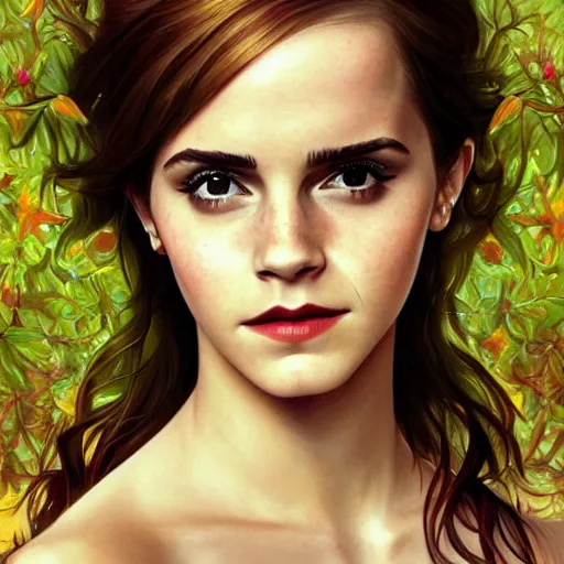 Image similar to Emma Watson Poison Ivy, cute, fantasy, intricate, elegant, highly detailed, digital painting, 4k, HDR, concept art, smooth, sharp focus, illustration, art by artgerm and H R Giger and alphonse mucha