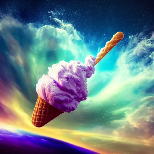 Image similar to dramatic render of a nebulous ice cream cone floating in space, radiating with a supernova of flavors, cgsociety, artstation, 4k