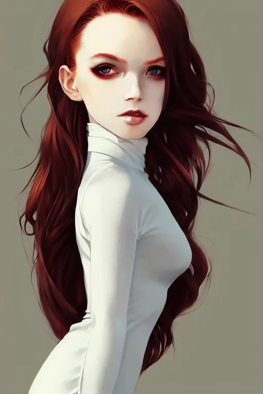 Image similar to beautiful pale vampire with auburn hair in a white turtleneck dress, on a super yacht, by guweiz and wlop and ilya kuvshinov and and moebius, artgerm, symmetrical eyes, aesthetic, gorgeous, stunning, alluring, attractive, half body portrait, artstation, deviantart, pinterest, digital art