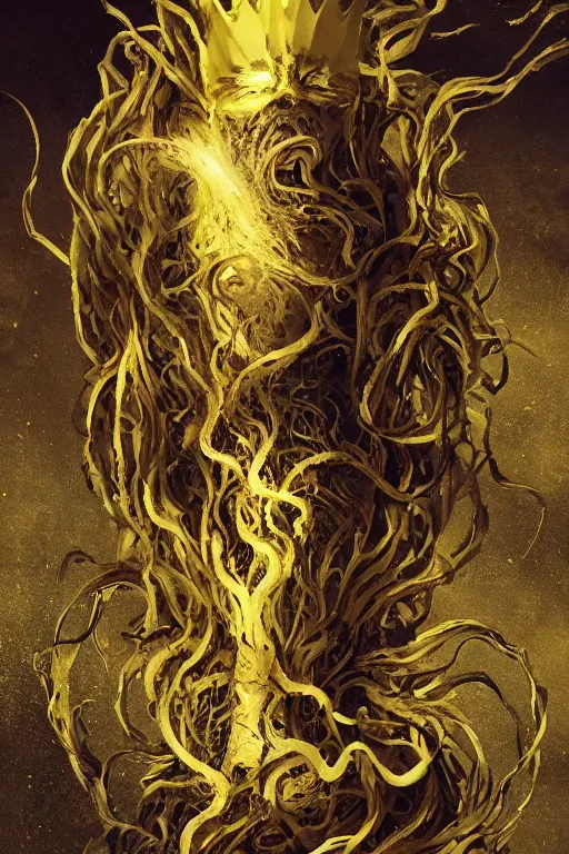 Image similar to A full body portrait of a mysterious character with no face with a very long hooded yellow cloak, a golden crown floating above his head tentacles coming out the ground art by Maciej Kuciara and Jason Chan, ominous, cosmic horror, trending on artstation, Ultra detailed, hyper realistic 4k