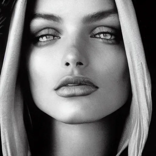 Prompt: black and white vogue closeup portrait by herb ritts of a beautiful female model, brunette, high contrast