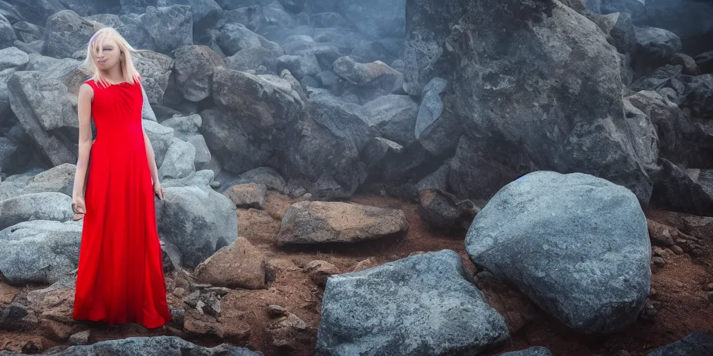 Prompt: a blonde teenage girl in a floor length red dress stands amidst a rocky landscape lit by an eerie blue light surrounded by mist