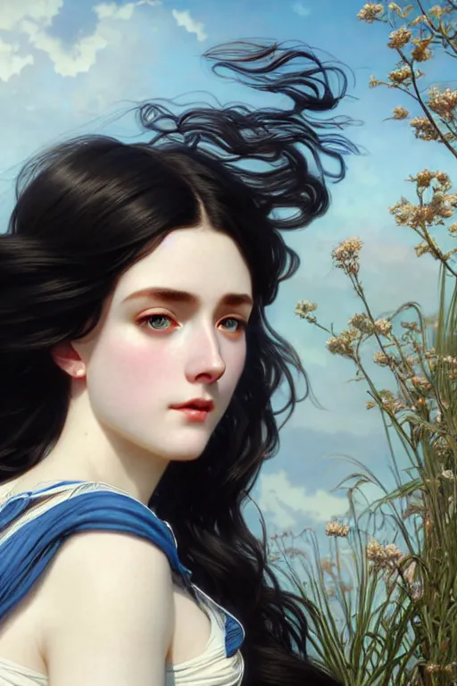 Image similar to ultra realistic, Beautiful black haired woman, Porcelain white complexion, big blue eyes, wearing dress blowing in the wind, detailed background, intricate details, highly detailed, octane render, 8k, art by artgerm and alphonse mucha and greg rutkowski