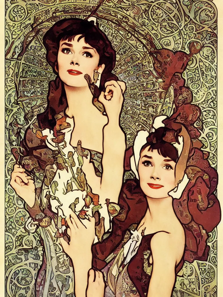 Image similar to three quarter shot audrey hepburn in breakfast at tiffany's by alphonse mucha, art nouveau