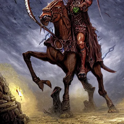 Image similar to a necromancer hooded rat riding a horse, doom, horror scenery, by Keith Thompson