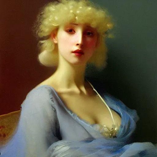 Prompt: a young woman’s face, her hair is white, she wears a long flowing blue satin veil, by ivan aivazovsky and and pieter claesz and paul delaroche and alma tadema and august malmstrom and and willen claesz heda and aelbert cuyp and gerard ter borch, hyperrealistic, rendered in octane