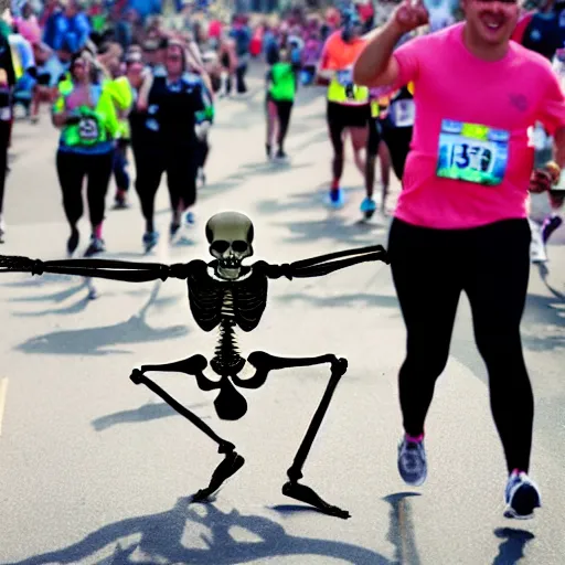 Prompt: A skeleton winning a marathon