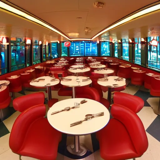 Image similar to 2 0 0 1 y 2 k diner, tables repeat endlessly 8 5 mm f / 1 1 interior photography two point perspective