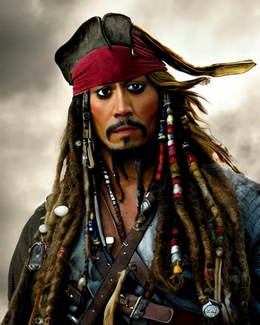 Image similar to Film still close-up shot of Dwayne Johnson as Captain Jack Sparrow from the movie Pirates of the Caribbean. Dwayne The Rock Johnson Photographic, photography