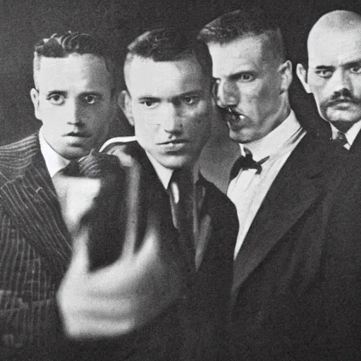 Prompt: gang of 5 men, highly detailed face, gangster style photograph