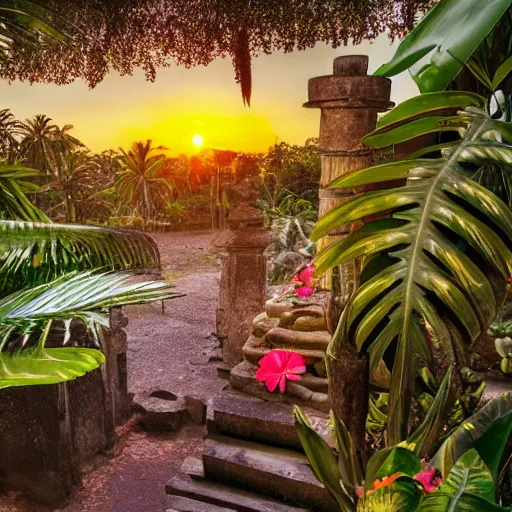 Prompt: a jungle temple surrounded by tropical flowers, with a sunset, by alex horley, bokeh photography