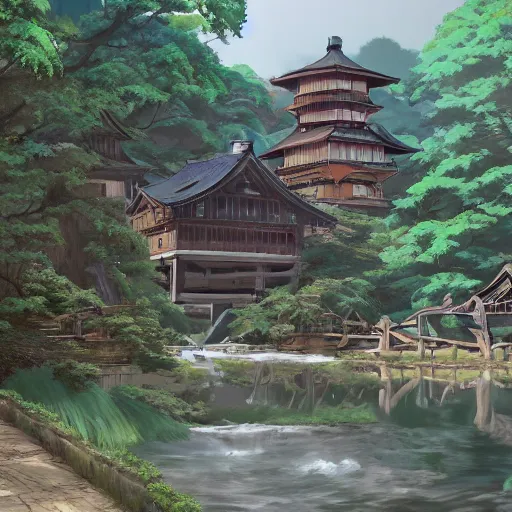 Image similar to concept art painting of a historic mill with japanese architecture, by a river in a woodland village surrounded by trees and mountains, realistic, detailed, cel shaded, in the style of makoto shinkai and greg rutkowski and james gurney