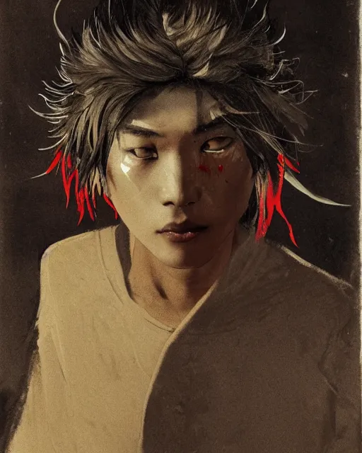 Image similar to a handsome but creepy young asian man in layers of fear, with haunted eyes, violence in his eyes, wild hair, wearing a punk outfit, 1 9 7 0 s, seventies, delicate embellishments, a little blood, woodland, moonlight shining on wildflowers, painterly, offset printing technique, by alexandre cabanel