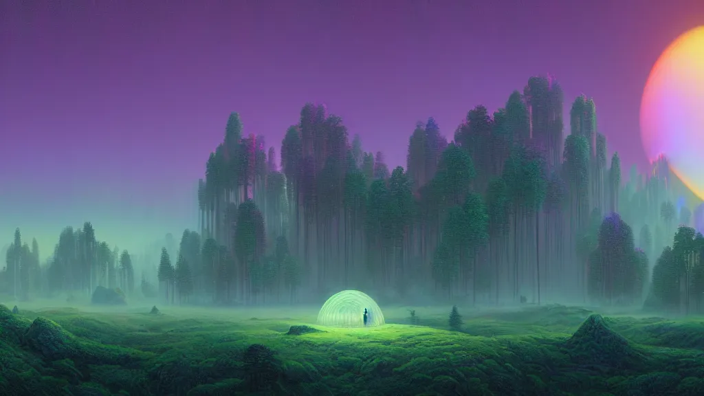 Image similar to highly detailed holographic iridescent glowing ethereal sci fi world with forests, mountains, fog at dusk, by gilbert williams, by simon stalenhag, by beeple, by bruce pennington, by moebius, octane render, with many different pastel shades of blue purple pink orange yellow green, beautiful prismatic volumetric lighting