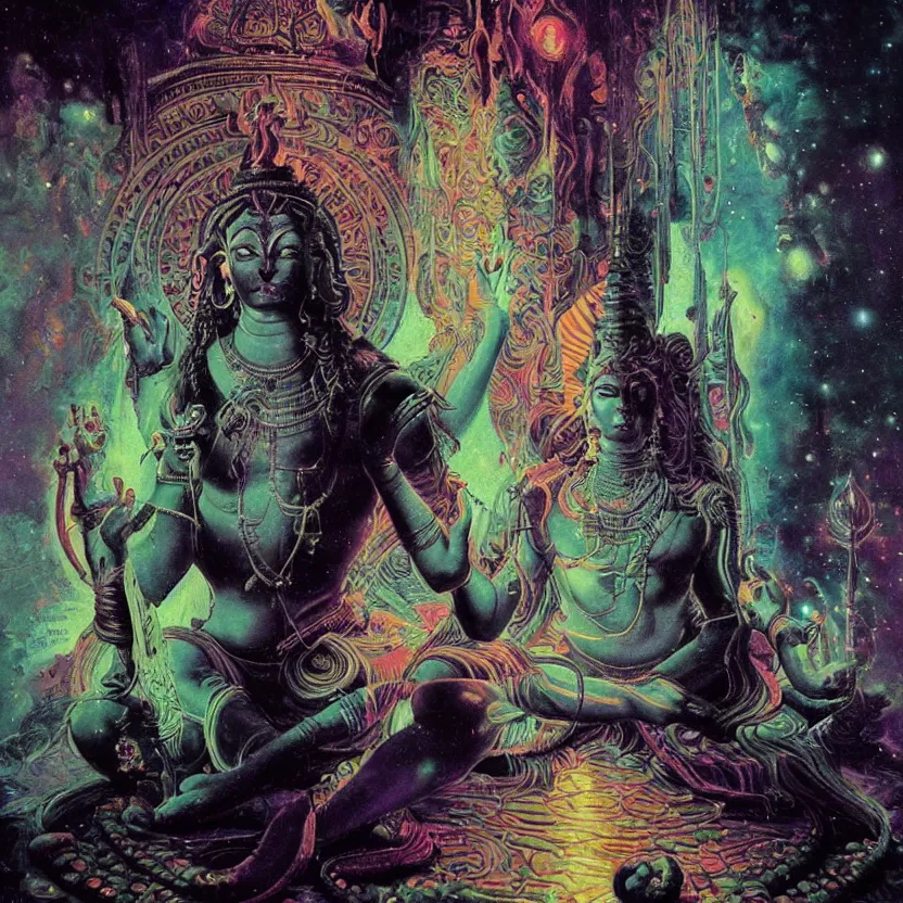 Prompt: a close - up view portrait of a silhouetted cosmic shiva meditating with iridescent metallic technology headwear in sci - fi baroque neoclassicist halls. detailed textures. glowing colorful fog, dark black background. highly detailed fantasy science fiction painting by moebius, norman rockwell, frank frazetta, and syd mead. rich colors, high contrast. artstation