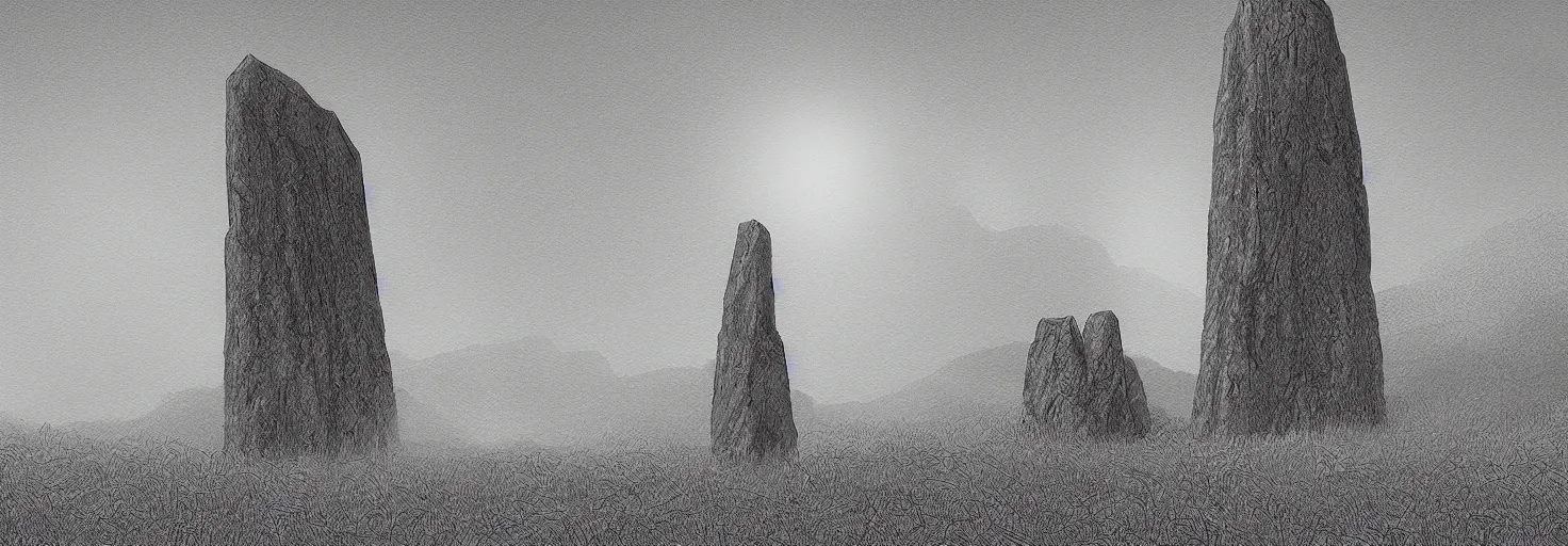 Prompt: monolith at the meadow of tranquility, in the style of moebius