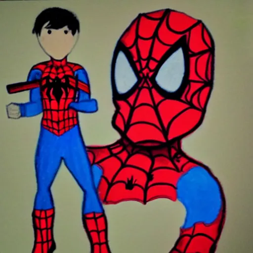 Image similar to crayon drawing of spiderman vs a gun, drawn by a 6 year old