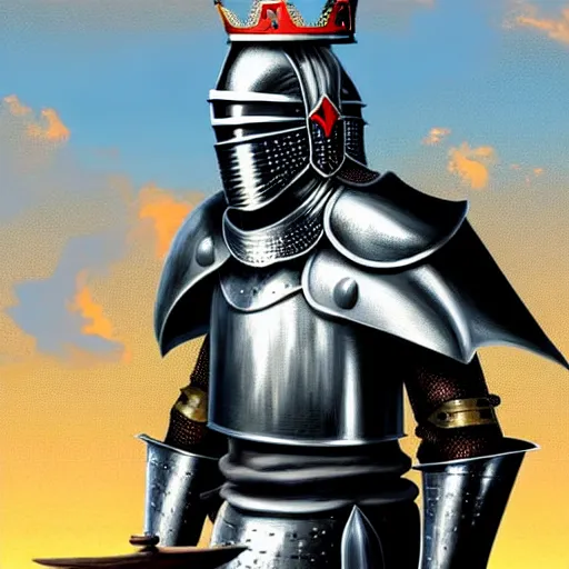 Image similar to full body!!!!!!, knights armor, donald trump, crown, donald trump's face!!!!!, detailed face, painting of a knight, boots, medieval castle background, valiant, concept art, by hans thoma