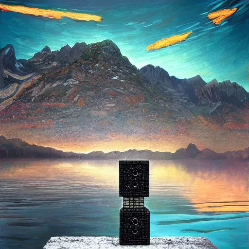 Image similar to largely animated black cube sits in the air, levitating above a pristine lake with a background of residual peaceful mountains, robustly intricate oil painting, 4 k quality, trending on artstation