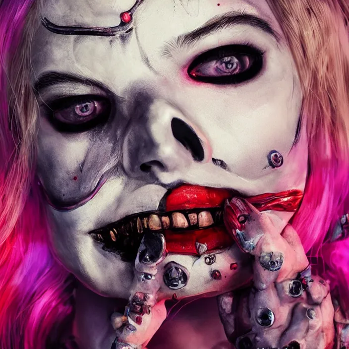 Image similar to skull of Margot Robbie as harley quinn. intricate abstract. intricate artwork. nightmare fuel. by Tooth Wu, wlop, beeple, dan mumford. octane render, trending on artstation, greg rutkowski very coherent symmetrical artwork. cinematic, hyper realism, high detail, octane render, 8k, iridescent accents