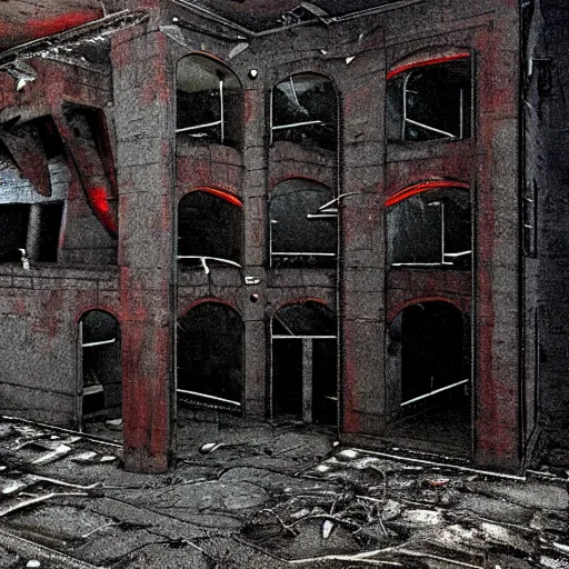 Image similar to cctv of an extremely dark empty abandoned building and humanoid cryptid monster made out of rust, dark deep black shadows, red and black color contrast in the style of trevor henderson and james ensor goya, liminal space, 3 d octane render, glitch effect