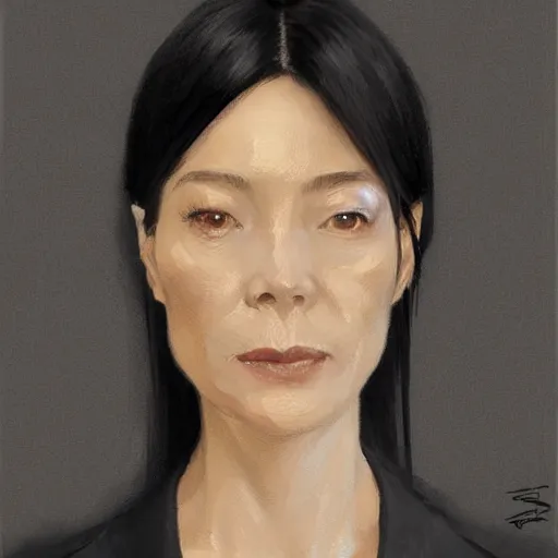 Prompt: Portrait of a woman by Greg Rutkowski, she is about 50 years old, japanese, black straight hair, attractive, elegant, airs of superiority, boss vibes, she is wearing white and black utilitarian jumpsuit, highly detailed portrait, scifi, digital painting, artstation, concept art, smooth, sharp foccus ilustration, Artstation HQ.