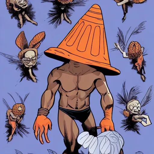 Image similar to ripped physique winged man Norm MacDonald disguised as a mothra whilst wearing a traffic cone hat cliff chiang roc upchurch brian k. vaughan vanesa r. del ray joelle jones mike mignola