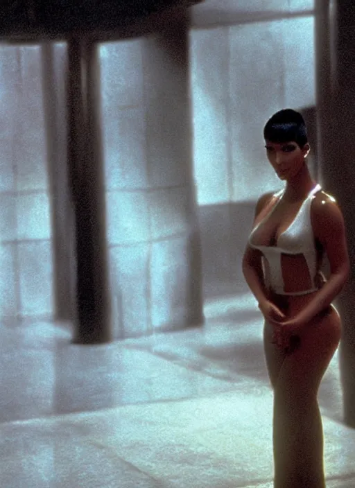Prompt: film still of kim kardashian as Rick Deckard in Bladerunner,