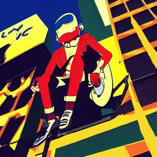 Prompt: the mayo man, angular sharp pointy humanoid blob of mayonnaise, angry eyes, shaded out eyes, 2 0 0 1 anime, flcl, jet set radio future, golden hour, japanese town, concentrated buildings, japanese neighborhood, construction site, cel - shaded, strong shadows, vivid hues, y 2 k aesthetic