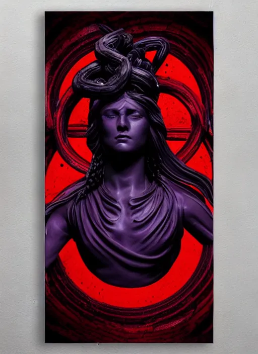 Image similar to dark design poster showing a statue of medusa, black background with very subtle red and purple design elements, powerful, nekro, vito acconci, thin straight lines, dark, glitch art, neo vaporwave, gritty, layout frame, square, trending on artstation