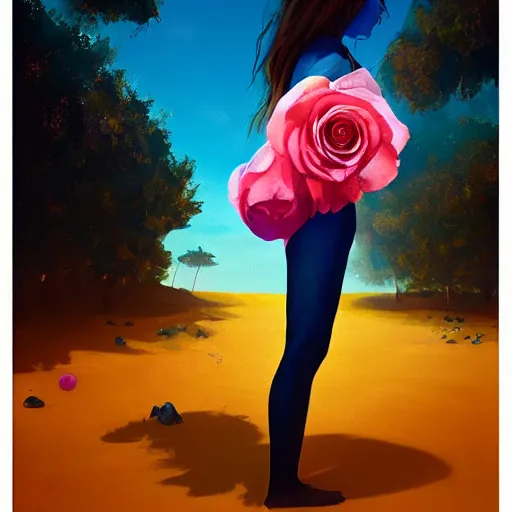 Image similar to portrait, giant rose flower head, girl dancing at the beach, surreal photography, sunrise, blue sky, dramatic light, impressionist painting, digital painting, artstation, simon stalenhag