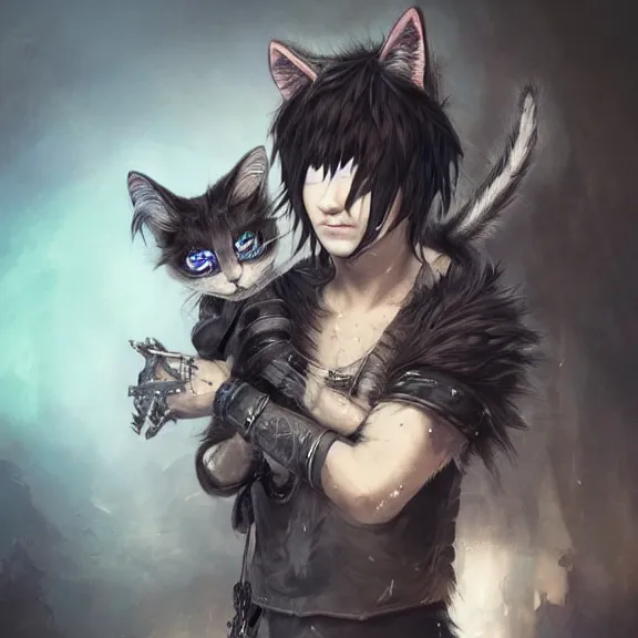 Image similar to emo boy with cat ears and tail, fantasy artwork, award winning, hyper detailed, very very very beautiful!, studio lighting, artstation