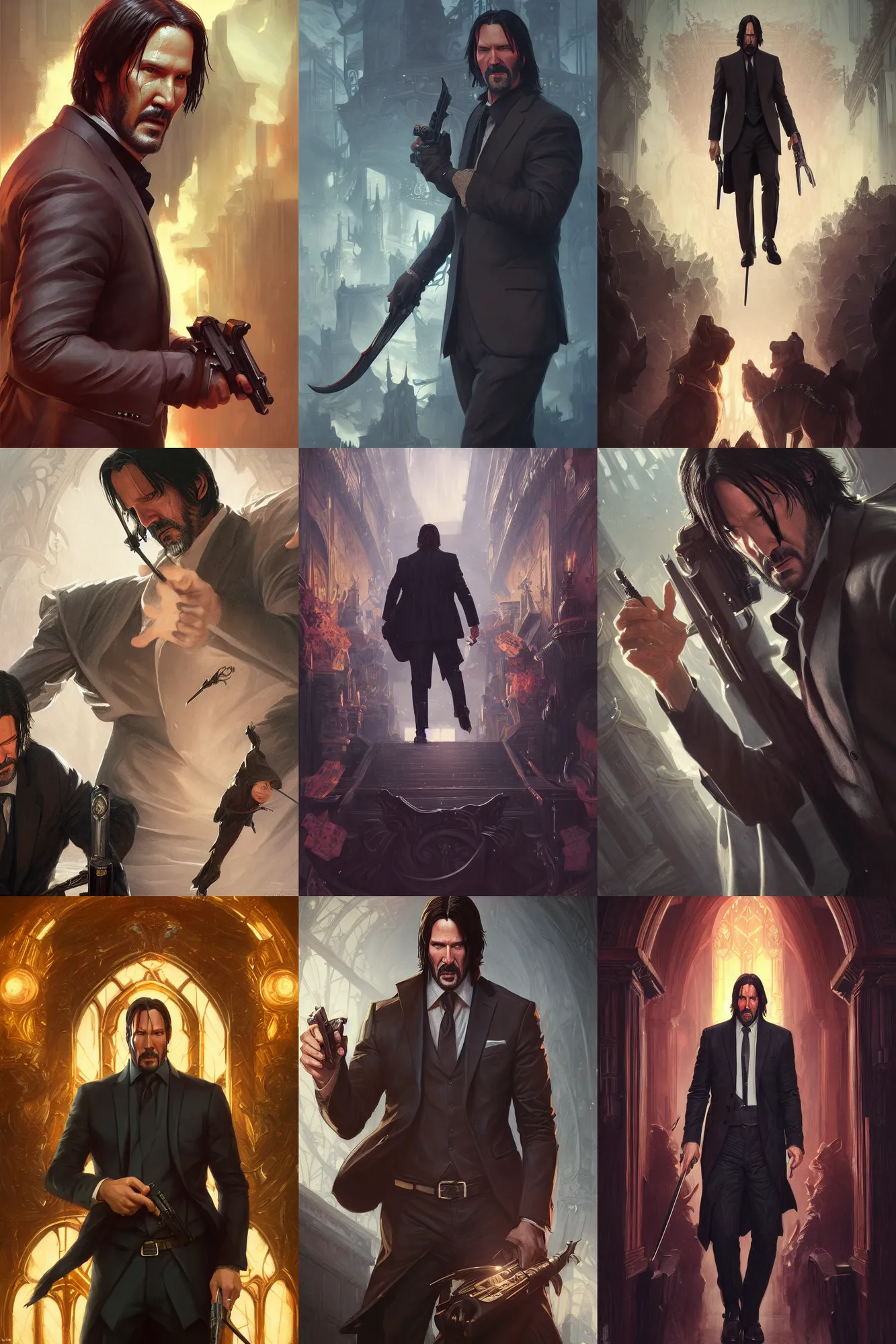 Prompt: cinematic stills of john wick, deep focus, d & d, fantasy, intricate, elegant, highly detailed, digital painting, artstation, concept art, matte, sharp focus, illustration, hearthstone, art by artgerm and greg rutkowski and alphonse mucha