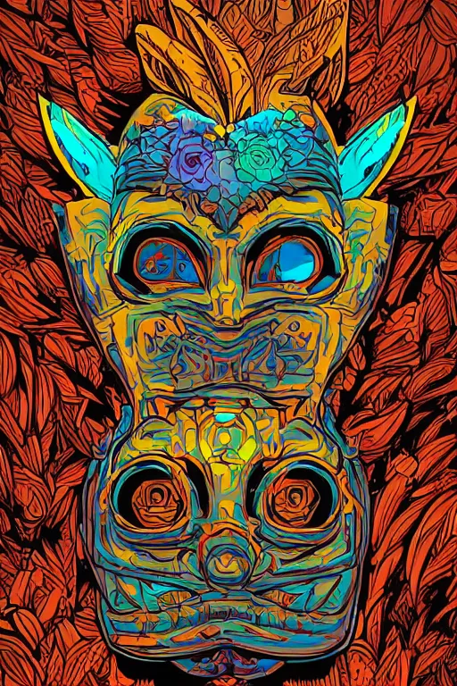 Image similar to animal mask totem roots flower tribal feather gemstone plant wood rock shaman vodoo video game vector cutout illustration vivid multicolor borderlands comics by josan gonzales and dan mumford radiating a glowing aura