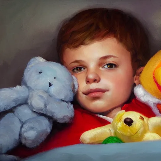 Prompt: oil painting of a boy lying on his bed holding his favourite toys at night, artstation, Detail, HD