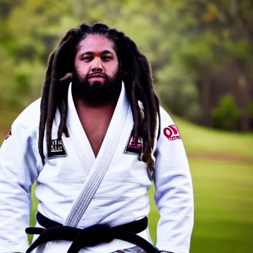 Image similar to photo of chubby black bjj athlete with long dreads posing, serious face, white belt, professional photo