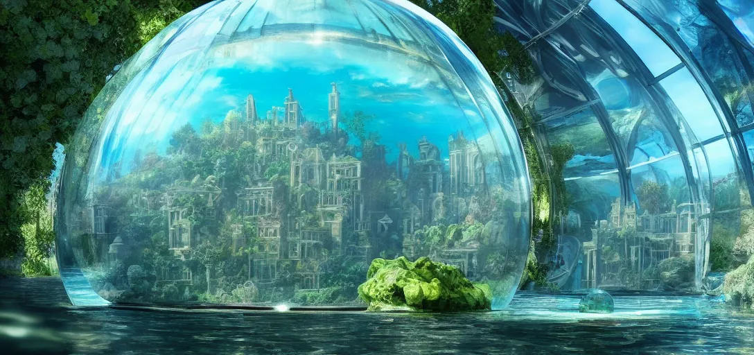 Prompt: beautiful view of an underwater city, encased in a glass dome, caustics, water, dappled light, reflections, bubbles, refraction, symmetry, dramatic lighting, ultra detailed, sharp, ambient occlusion, bloom, raytracing, vibrant, vivid colors, picturesque, by dylan cole and jordan grimmer
