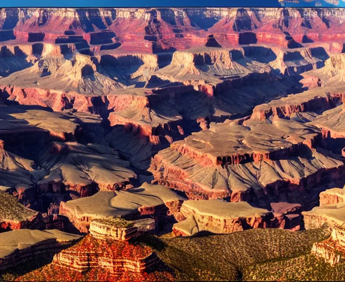 Prompt: 4 k hd, high detail panoramic photograph of grand canyon, shot with sigma f / 4. 2, 2 5 0 mm sharp lens, wide shot, volumetric lighting, high level texture render, unreal engine