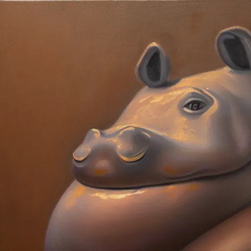 Prompt: A humanoid hippo wearing a towel sitting in a steamy sauna, oil painting