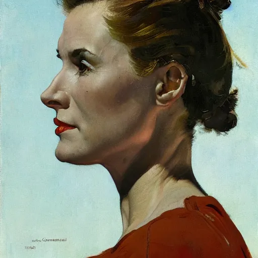 Image similar to head and legs portrait of woman, fierce, fully clothed, three quarter profile, norman rockwell, jacob collins, tom lovell, frank schoonover