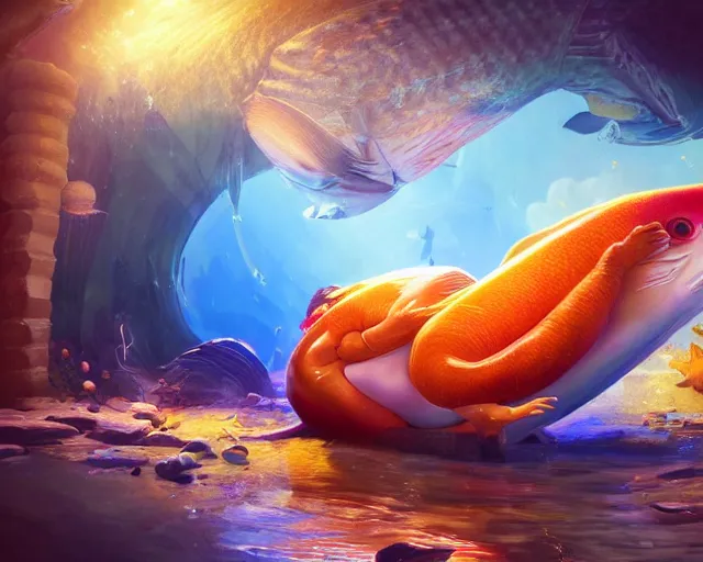 Image similar to of a very beautiful scene. ambient occlusion render. a sweet fat old woman is giving birth to a huge colorful fish. hyper realistic. 4 k. wide angle. sadness. shininess. symmetrical face, red mouth, blue eyes. deep focus, lovely scene. ambient occlusion render. concept art. unreal engine.