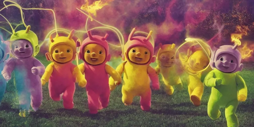 Prompt: teletubbies running on the string destroying everything with a flamethrower.