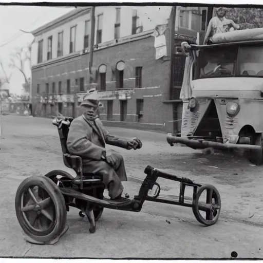 Prompt: photograph of an eldery gentleman towing a howitzer! artillery! with a mobility scooter on a street
