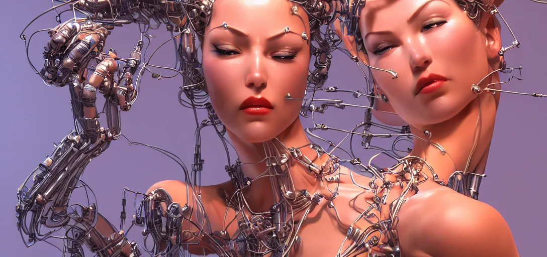 Prompt: beauty woman made of small cubes and wires, very detailed, dramatic lighting, mechanical details, electrical details, high details, 4k, 8k, trending on artstation, by Hajime Sorayama and Boris Vallejo